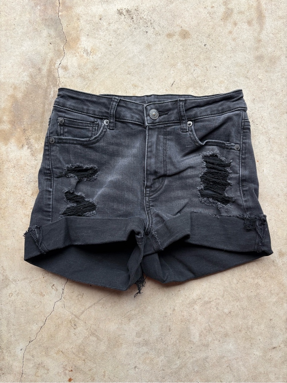 American Eagle Outfitters Black Denim Ripped High V Rise Shortie